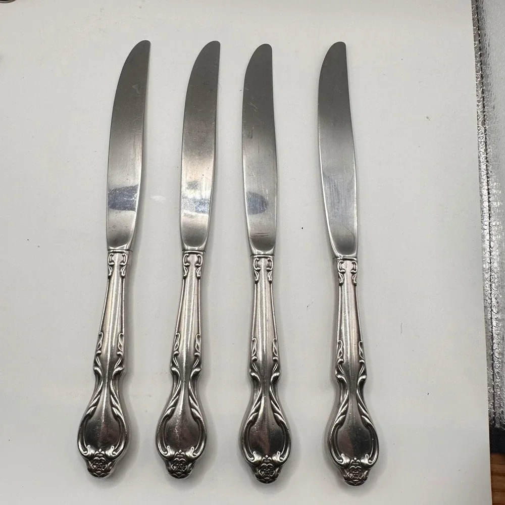 4 Queen's Fancy Stainless, Satin,Black Accent INTERNATIONAL SILVER Dinner Knives
